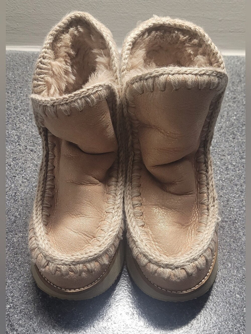 Mou Blush Pink Gold Shearling Lined Rhinestone Winged Decal Boots Size 39